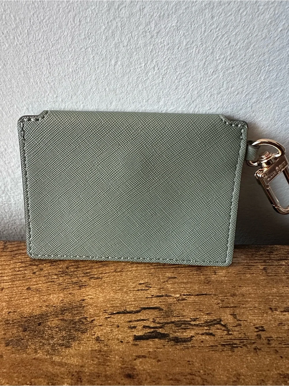 Anne Klein Sage Green Envelope Card Holder w/ Gold Snap Bag Charm Keychain NWOT